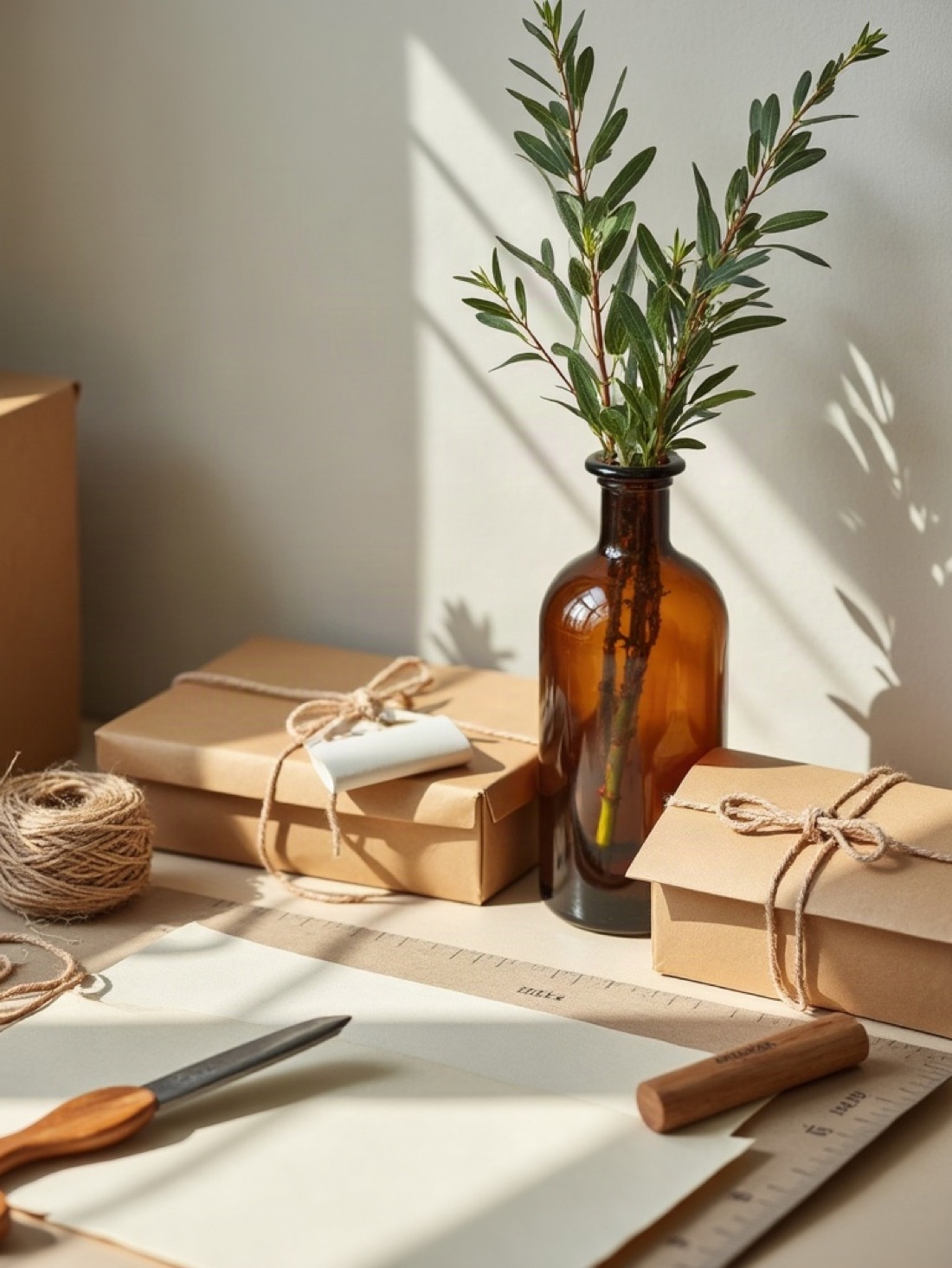 Scissors, an awl, a wooden ruler, and a cutting mat on a packing bench