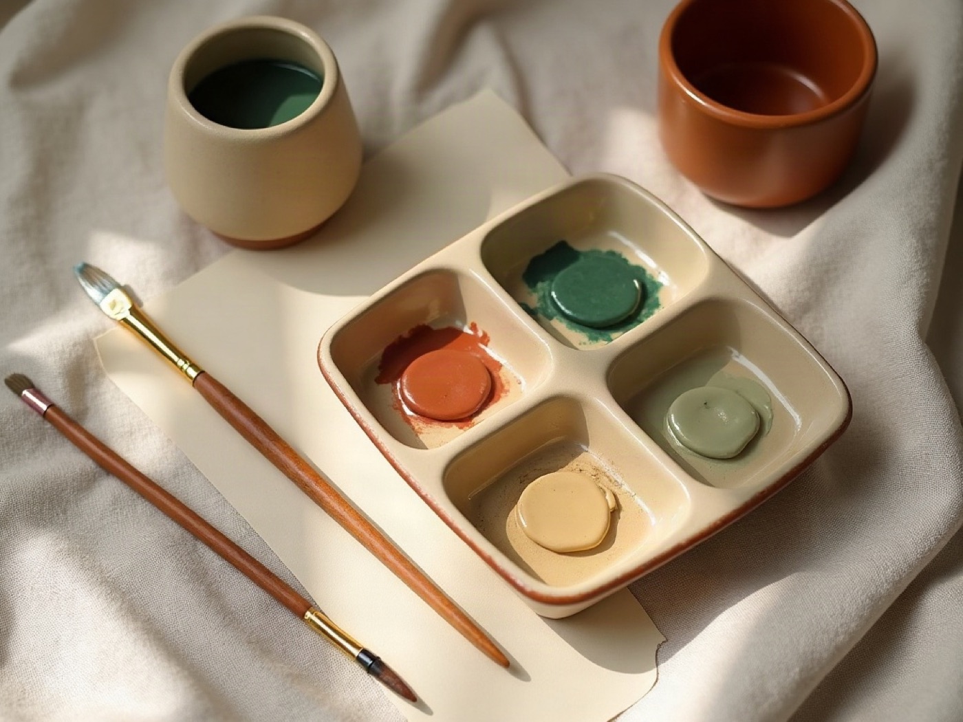 Watercolor pans in sage, clay, and ochre with wooden brushes on linen