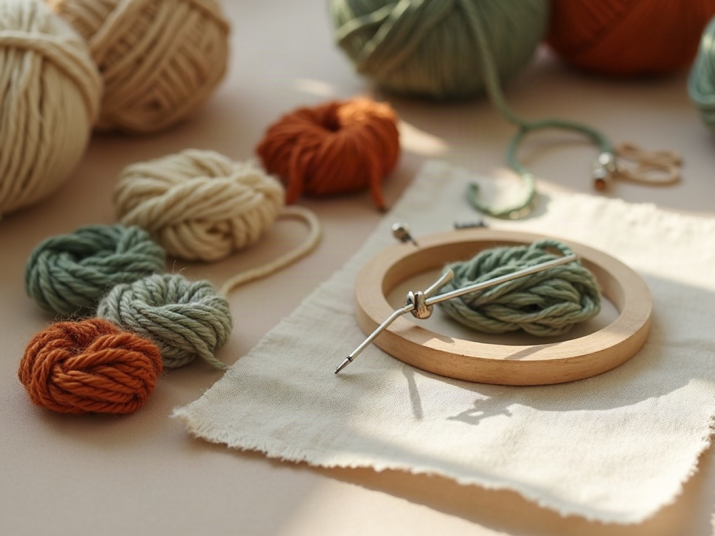 Sage, terracotta, and cream embroidery floss with a hoop and needle on linen