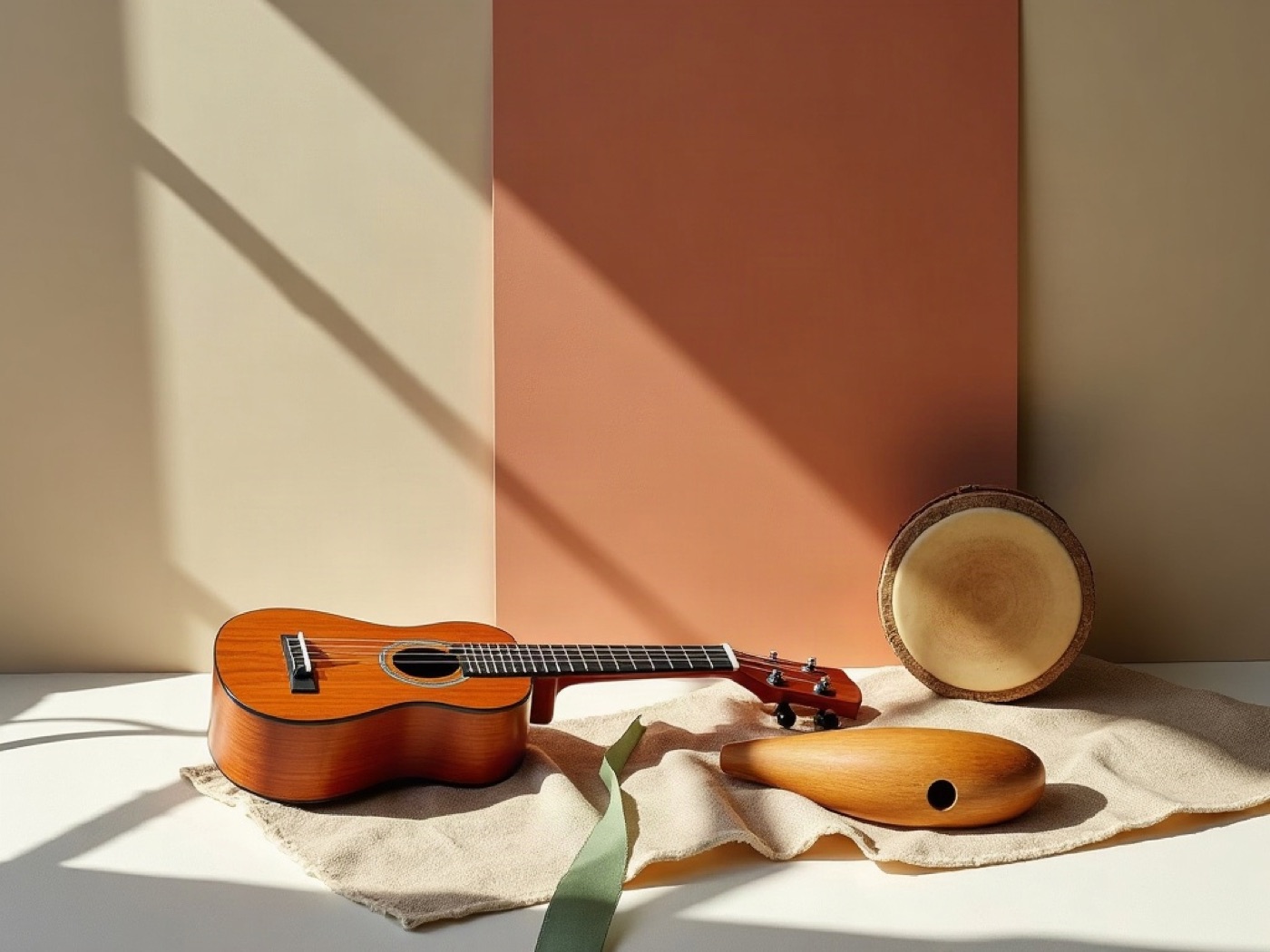 A ukulele, a frame drum, and a wooden wind instrument on flax linen