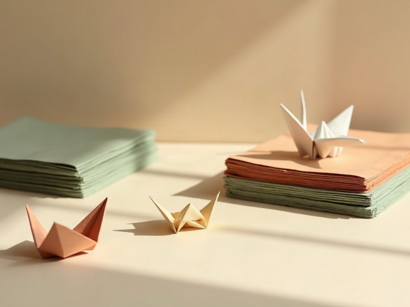 Cream, sage, and terracotta origami sheets with a paper crane and a bone folder